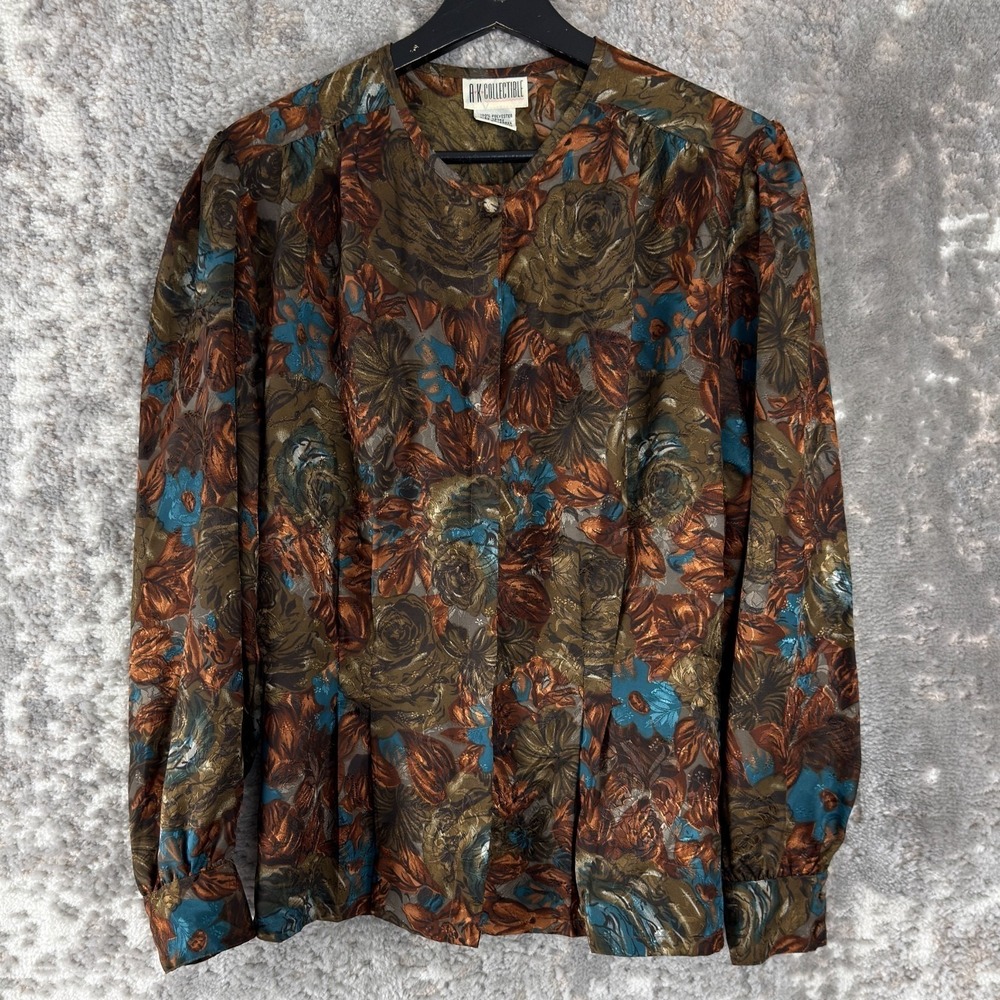 AK Collectible Size‎ 10 Floral Print Casual Button Top Brown Long Sleeve
